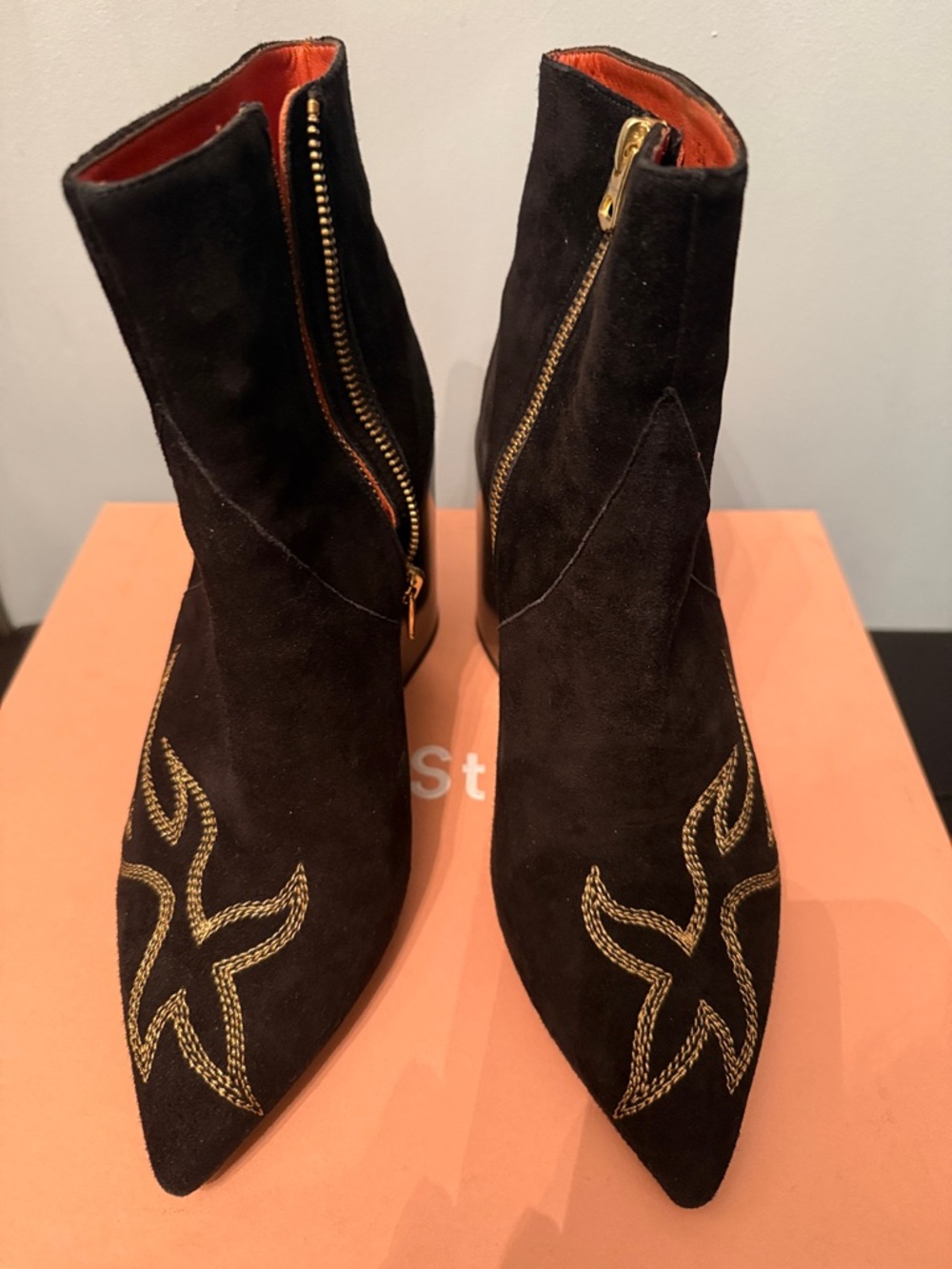 Acne Black Suede Pointed Ankle Boots with Gold Embroidery - Picture 2 of 5